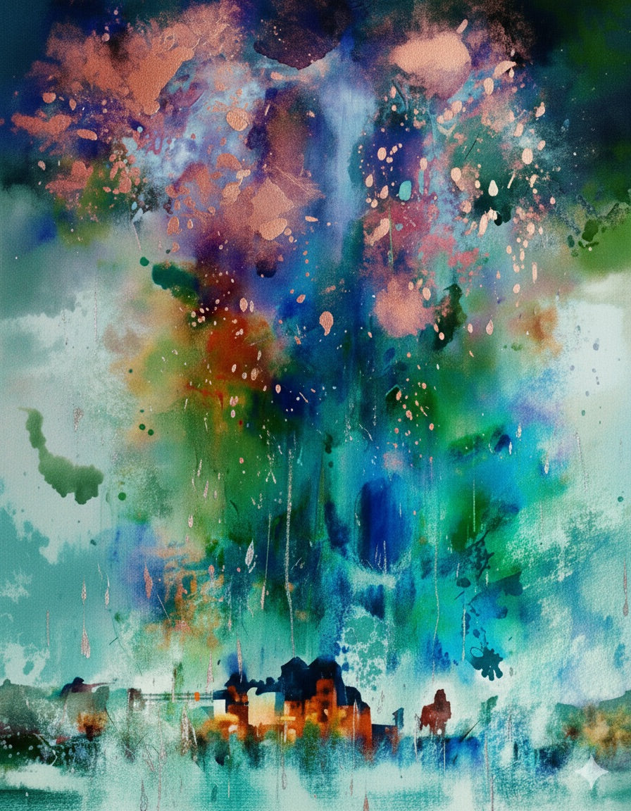 Colorful abstract painting with splashes of green, blue, and pink, featuring a cityscape at the bottom.